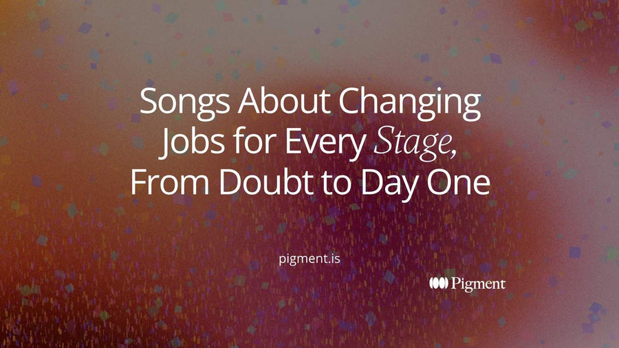 Abstract hero for an article on songs about changing jobs: five small colored shapes along a thin line, one for each stage of a job change
