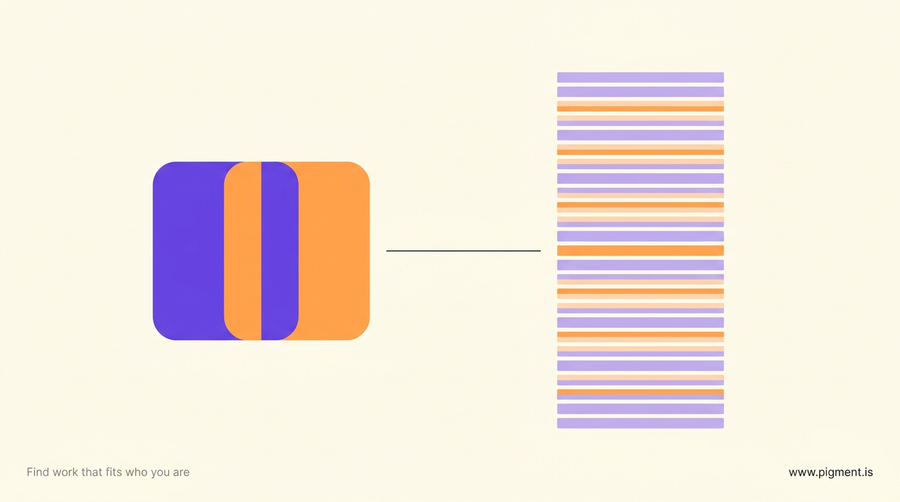 Abstract flat-vector hero on cream: two bold violet and orange rounded shapes joined as a pair beside a tall column of many thin lavender and peach bars, a small pair against a deep ranked stack.