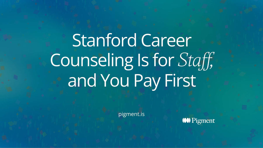 Abstract composition on warm cream: a charcoal coin shape passes along a curved path and returns, suggesting Stanford career counseling where staff pay a counselor first and are paid back later