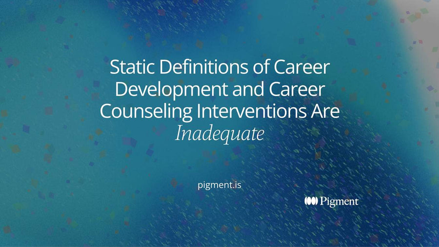 Abstract cover on warm cream: a rigid grid of lavender squares on the left loosens into a rising path of peach and violet circles on the right, for why static definitions of career development are inadequate