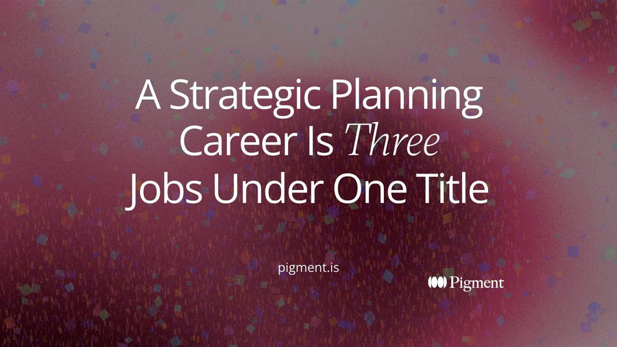 Abstract geometric hero for a strategic planning career: one long charcoal bar with three vertical forms of different heights rising from it in violet, orange and sage green on warm cream