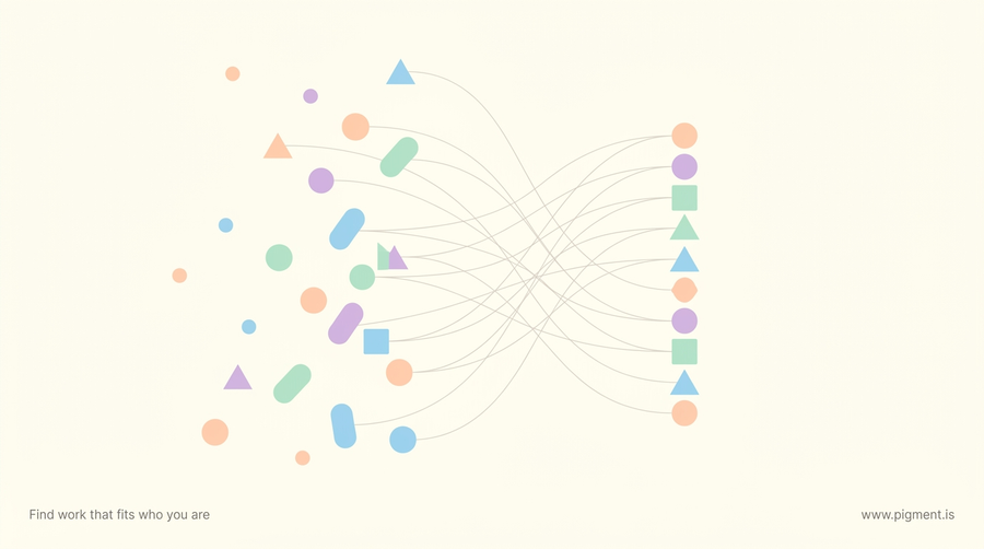 Abstract flat-vector composition of many small colored shapes drawn along thin lines into an aligned arrangement, in warm peach, lavender, mint and sky-blue tones on cream.