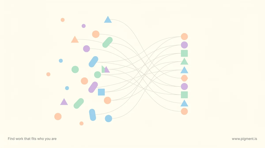 Abstract flat-vector composition of many small colored shapes drawn along thin lines into an aligned arrangement, in warm peach, lavender, mint and sky-blue tones on cream.