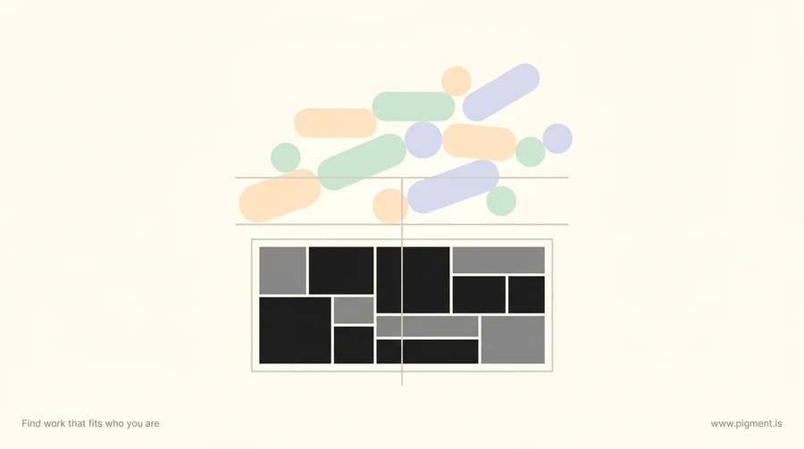 Abstract geometric art of a two-storey structure: a bright airy upper balcony in peach, mint and lavender above a shadowed charcoal basement, one building on a warm cream background.