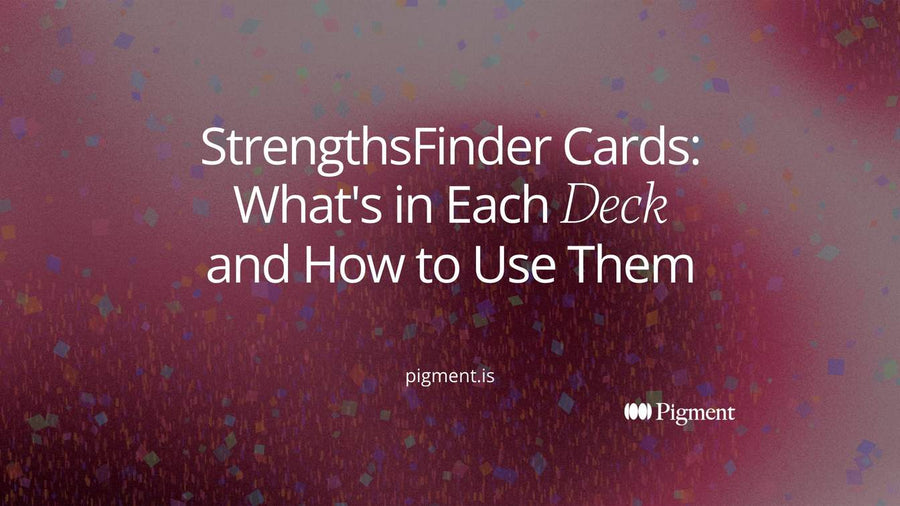 Abstract layout of overlapping rounded cards in four soft color groups, suggesting a deck of StrengthsFinder cards spread out and sorted by domain.