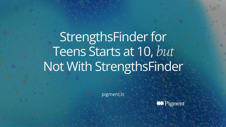 Abstract cover for a guide to StrengthsFinder for teens: ten small circles with three filled for the 10 to 14 youth test, and thirty-four circles for the full test from age 15