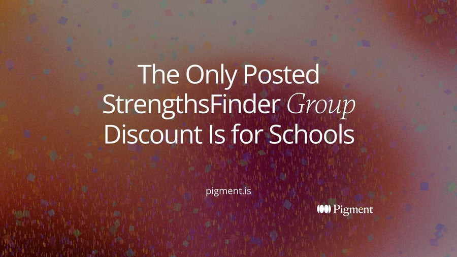 Abstract cover for a guide to the StrengthsFinder group discount: a row of equal blocks with one small cluster set lower, standing for the school-only educator rate