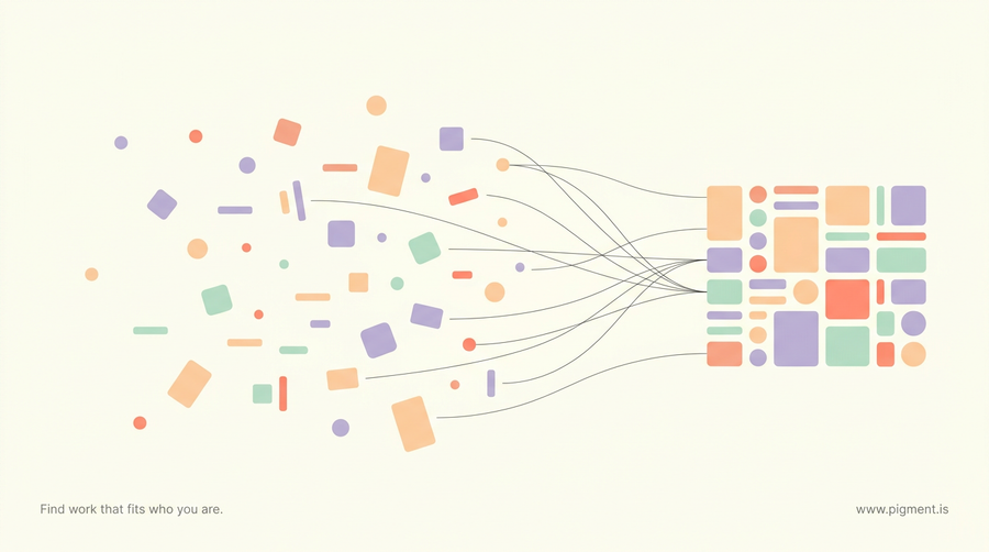 Abstract Pigment illustration of many small peach, lavender, and mint shapes scattered on cream and gathering into one tidy cluster, a visual metaphor for the StrengthsFinder Input theme collecting and curating information.