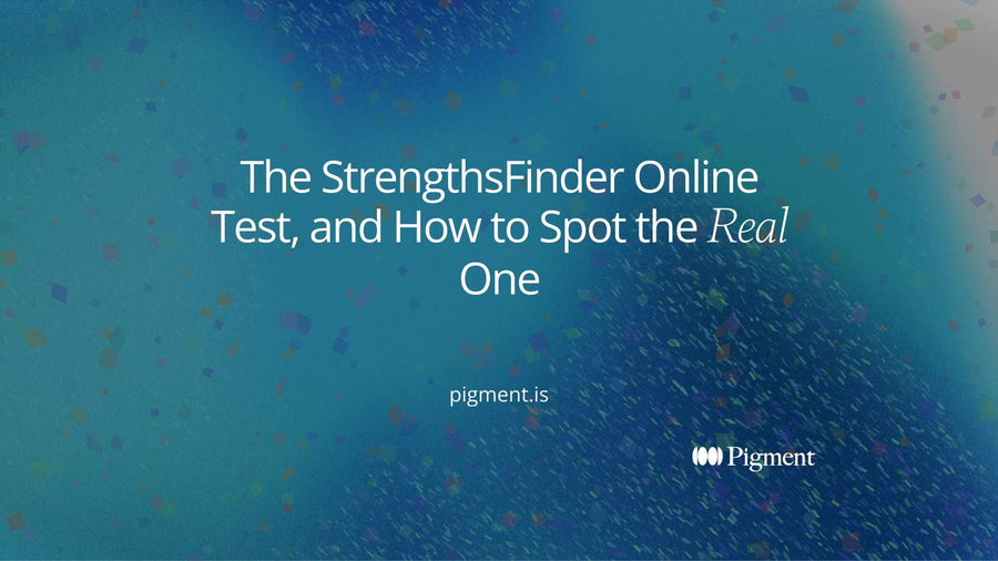Abstract geometric composition on cream: a row of outlined circles with one solid violet circle among them, the single real StrengthsFinder online test among look-alikes