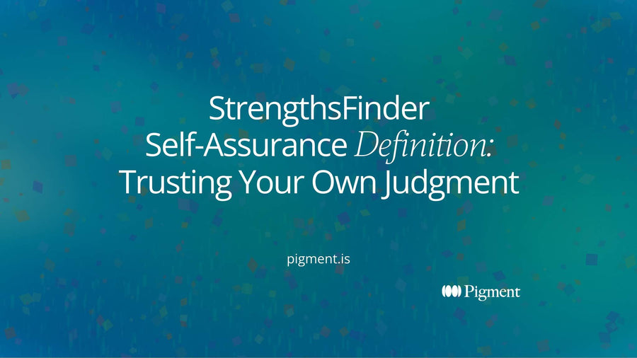 Abstract cover for the StrengthsFinder Self-Assurance definition: one violet circle holding a steady line while softer peach, lavender and mint shapes drift around it, on cream.