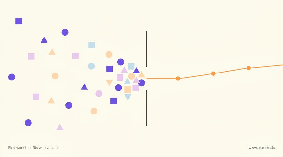 Abstract geometric composition for StrengthsFinder Strategic Ideation: a wide field of small violet and peach shapes on the left gathering through a narrow gap into one continuous orange line on the right