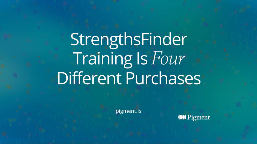 Abstract Pigment composition for StrengthsFinder training: four separate clusters of peach, lavender, mint and ice geometric shapes on warm cream, one for each kind of training.