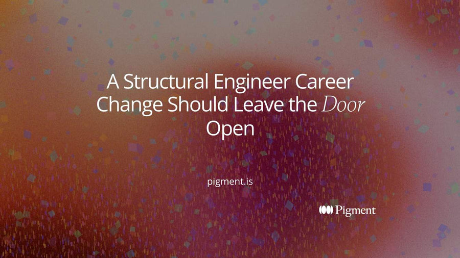 Abstract structural engineer career change cover: a cream canvas with a simple frame of peach and lavender blocks, one open doorway shape leading to mint forms beyond.