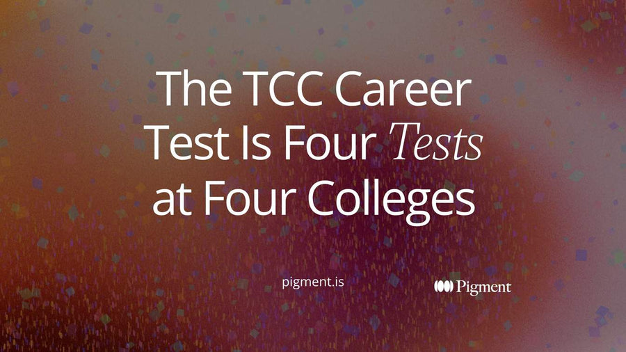 Abstract cover for a guide to the TCC career test: four matching circles in a row, one filled, for four colleges that share one name