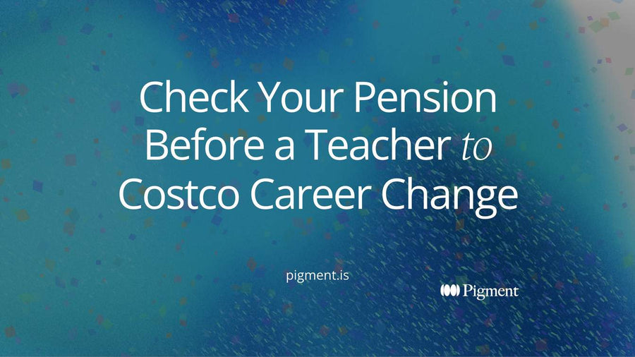Cover for a teacher to Costco career change guide: a steady tall stack and a growing short stack on a level line, pay weighed against a pension