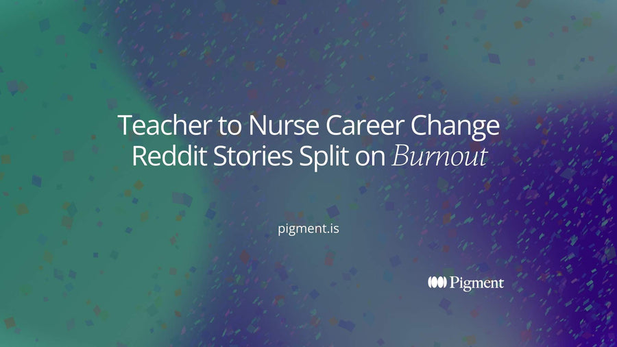 Abstract hero for a guide to teacher to nurse career change reddit stories: a classroom shape and a hospital shape joined by a path, with a few gray shapes carried across