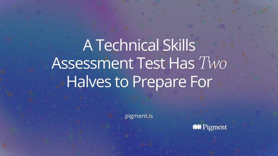 Abstract cover for a technical skills assessment test guide: one band split into a reasoning half of scattered shapes and a job-task half of neat rectangles