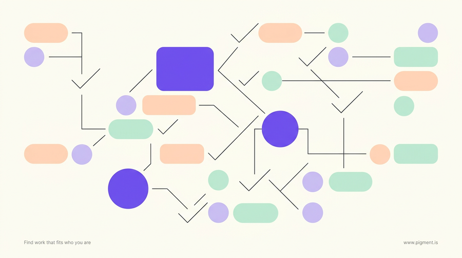 Abstract geometric composition in warm peach, lavender, and mint on cream, a loose network of checks and nodes evoking the verification work at the heart of the test engineer occupation.