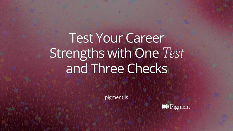 Abstract cover for a guide on how to test your career strengths: four small clusters of violet, orange and blue shapes on warm cream, overlapping at one shared point in the middle.