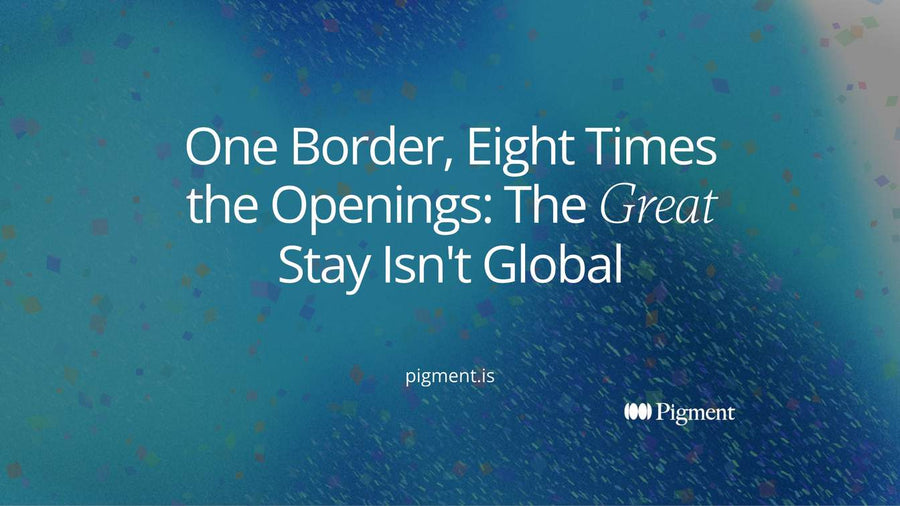 Cover image: the title One Border, Eight Times the Openings: The Great Stay Isn't Global, set in white over a deep blue field scattered with small colored squares.