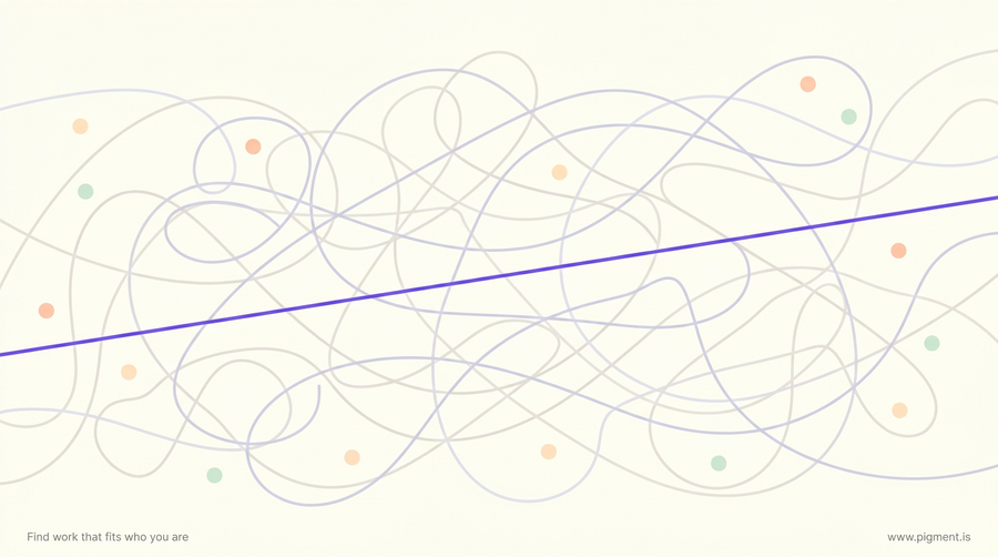 Abstract geometric composition in warm Pigment tones: many pale winding lines and one clear violet line running straight across a cream field, evoking one instinctive path among many deliberate ones