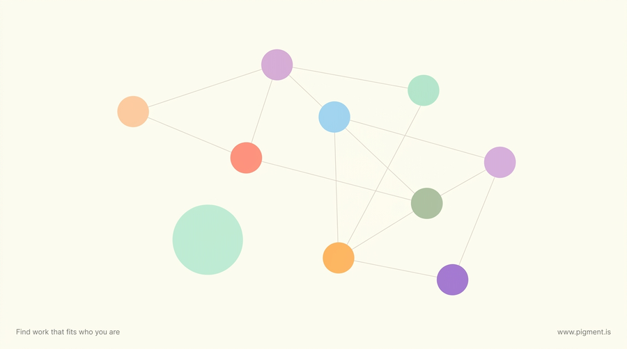 Abstract warm constellation of nine small colored circles on cream, with one calm mint circle set apart, evoking the nine work wirings and the few who carry none.