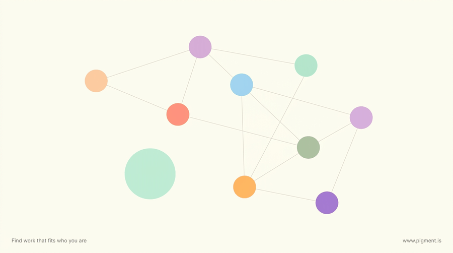 Abstract warm constellation of nine small colored circles on cream, with one calm mint circle set apart, evoking the nine work wirings and the few who carry none.