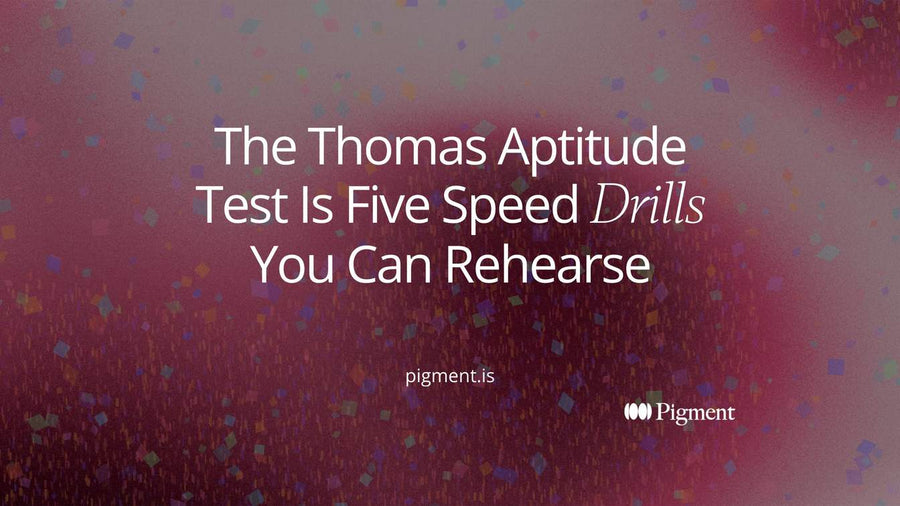 Abstract cover for a guide to the Thomas aptitude test: five short tinted bars of different lengths above one thin timer line