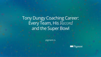 Abstract geometric hero for the Tony Dungy coaching career: a long horizontal path of small cream and lavender tiles that dips once, then rises to a single solid peach block at the right