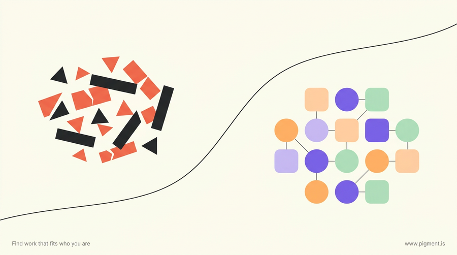 Abstract flat-vector hero: a thin curving path separates a tense cluster of angular coral and charcoal shapes from a calm constellation of soft peach, lavender, and mint shapes on cream.