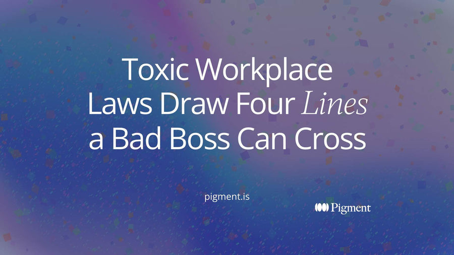 Abstract composition on cream: pale shapes scattered across four thin horizontal lines, one violet shape resting on a line, for toxic workplace laws that act only when a line is crossed.