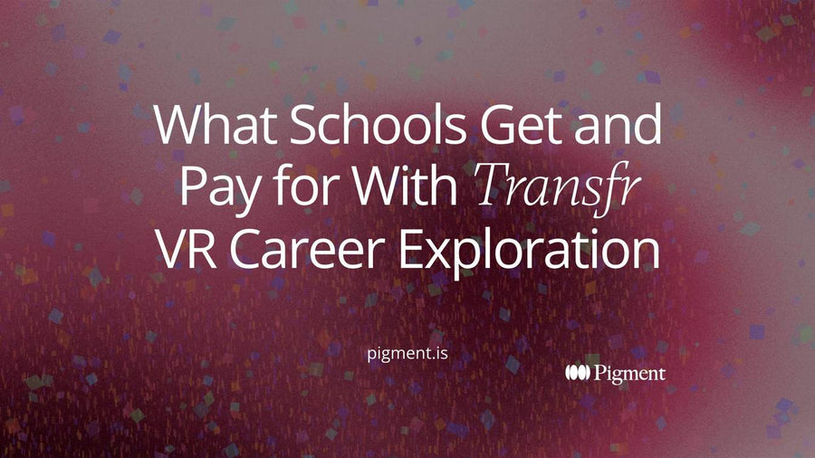 Abstract cover for Transfr VR career exploration: a rounded headset shape facing a row of simple job shapes, with a blank price tag set apart