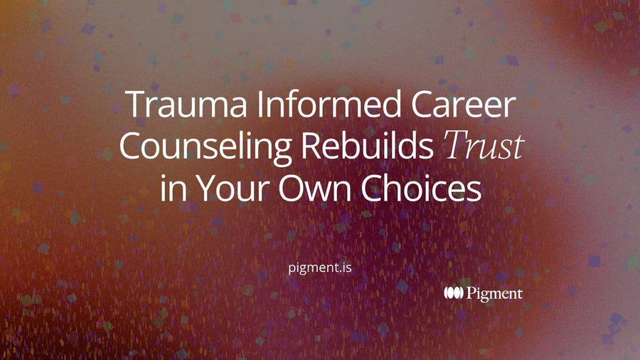 Abstract composition of a broken charcoal line rejoined by small pastel stepping stones, for readers exploring trauma informed career counseling