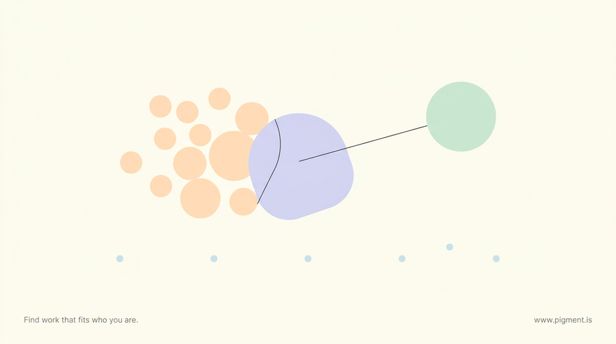Abstract Pigment-palette constellation of peach, lavender and mint shapes on cream, suggesting interests and personality aligning toward what sustains a career.