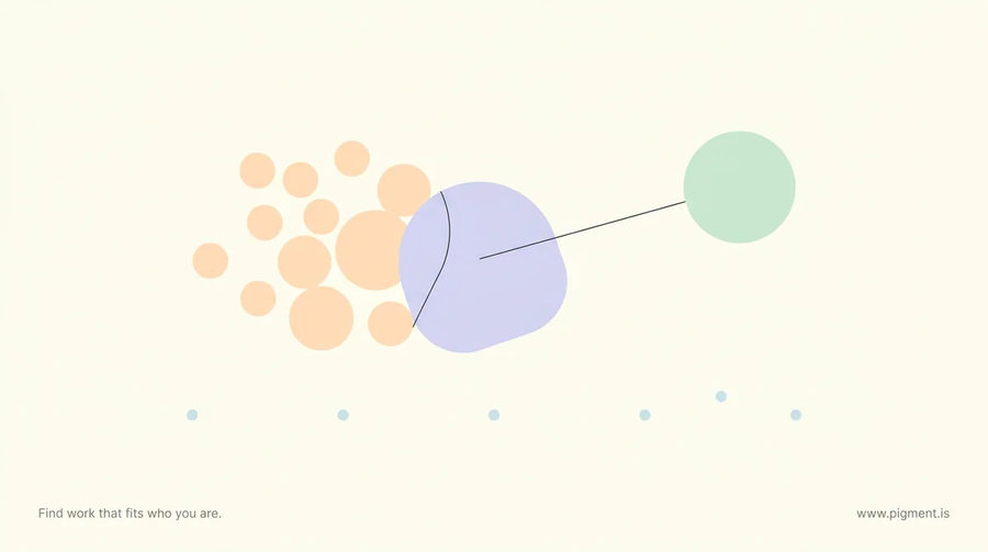 Abstract Pigment-palette constellation of peach, lavender and mint shapes on cream, suggesting interests and personality aligning toward what sustains a career.