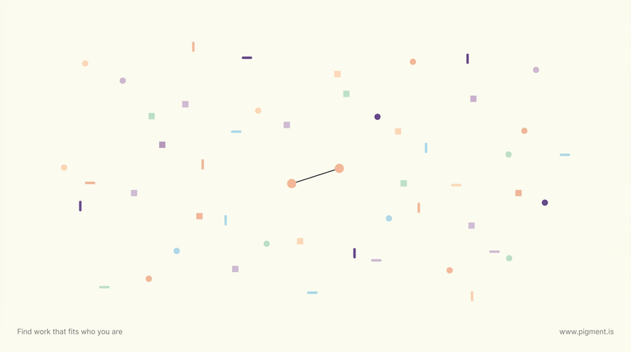 Abstract warm constellation of many small distinct geometric marks on cream, only two of them matching and joined by a thin line, standing for 3,998 unique wirings among 4,000 people.