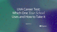 Abstract cover for a guide to the UVA career test: three soft circles of different colors, two linked by a shared line and one standing apart, on a warm cream field