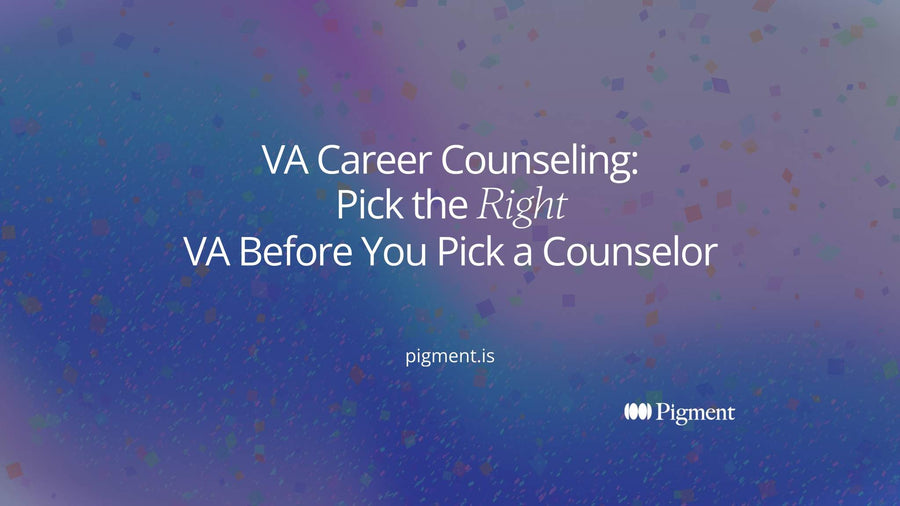 Abstract composition of one path splitting into two clusters of shapes, for a guide to VA career counseling for veterans and for Virginia residents