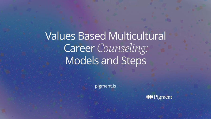 Abstract composition on warm cream: three soft circles in peach, lavender and mint overlap at one small violet point, a picture of values based multicultural career counseling weighing three kinds of values together