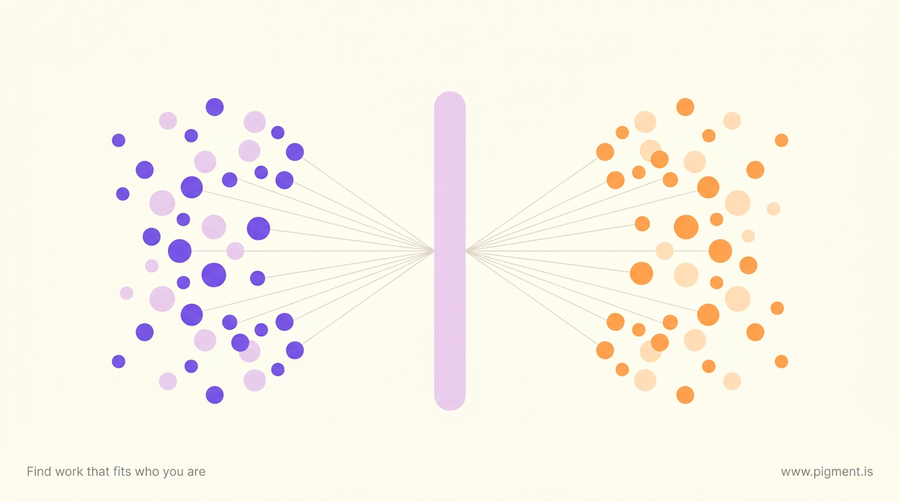 Abstract Pigment composition: a cool violet cluster of small dots on the left and a warm orange cluster on the right lean toward a tall lilac column at the center, evoking two languages, character and talent, describing one person