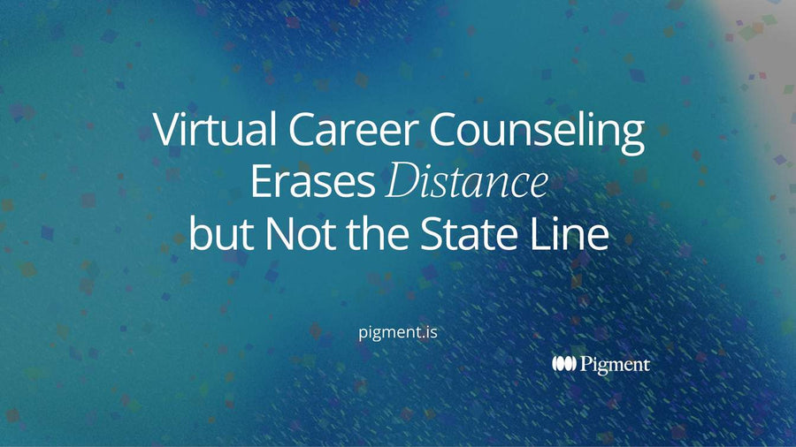 Abstract hero for virtual career counseling: one small screen shape on cream links by thin lines to many pastel dots, with a single soft boundary line crossing the field.
