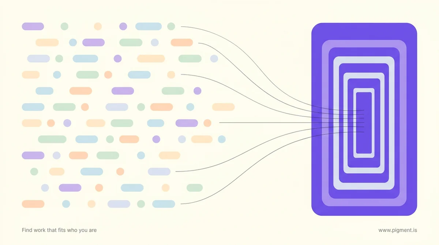 Abstract geometric composition contrasting a wide field of small peach, lavender, and mint shapes with one deep layered violet form on cream, evoking career exploration by broad video versus immersive VR.