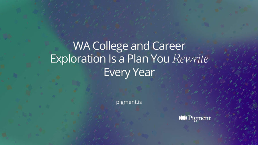 Abstract geometric composition of six stacked rounded bands that narrow from a wide base to one violet band at the top, suggesting WA college and career exploration from 7th grade to graduation.