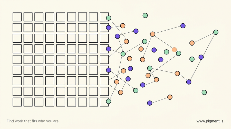 Abstract Pigment hero: a grid of small charcoal square title-tags on cream, with a loose warm constellation of peach, lavender and mint dots drifting away from the grid, suggesting wiring that points elsewhere.