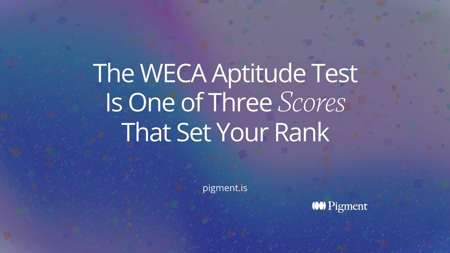 Abstract cover for a WECA aptitude test guide: three colored bands in peach, ice blue, and mint merging into one line on a cream background.