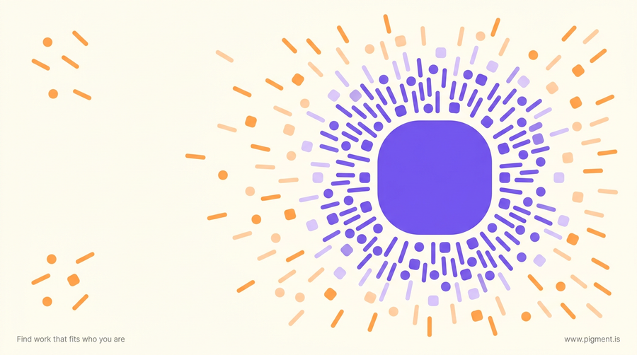 Abstract composition of many small marks converging on one large violet form, with a few scattered outliers, representing 2,367 people converging on the same word for what they want from their careers
