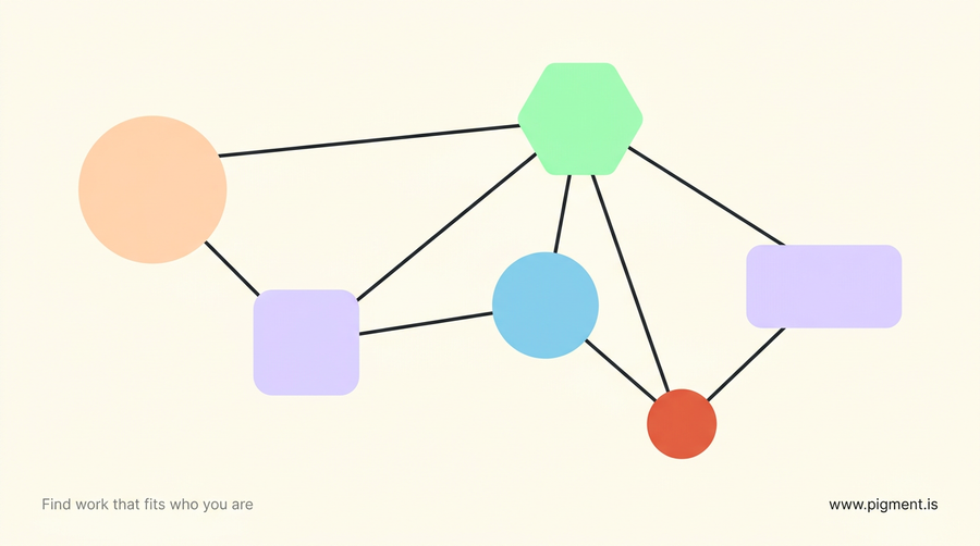 Abstract Pigment illustration of six connected geometric nodes in peach, lavender, mint and sky blue on cream, suggesting the different IT career branches.