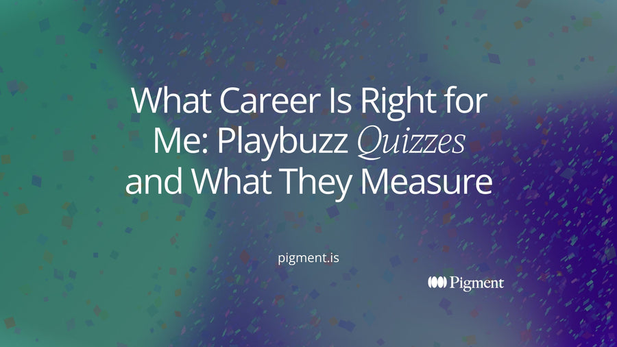 Abstract geometric composition of small rounded pastel cards scattered loosely across a warm cream canvas, with one larger card outlined in violet set apart from the rest, illustrating the separate Playbuzz career quizzes behind one search.