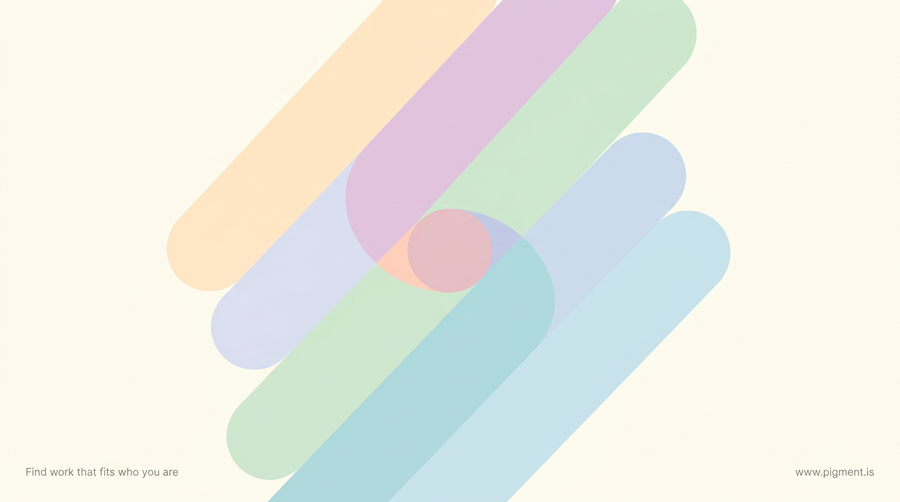 Abstract warm-toned composition of four soft pastel bands, peach, lavender, mint, and ice blue, overlapping and converging toward one small central shape, evoking four layers of a career decision resolving into a single answer.