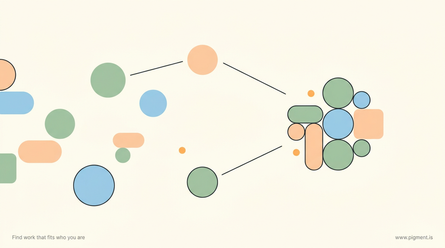 Abstract geometric composition of warm peach, sage green, and sky blue shapes on cream, evoking the range of environmental careers and finding the one that fits how you work.